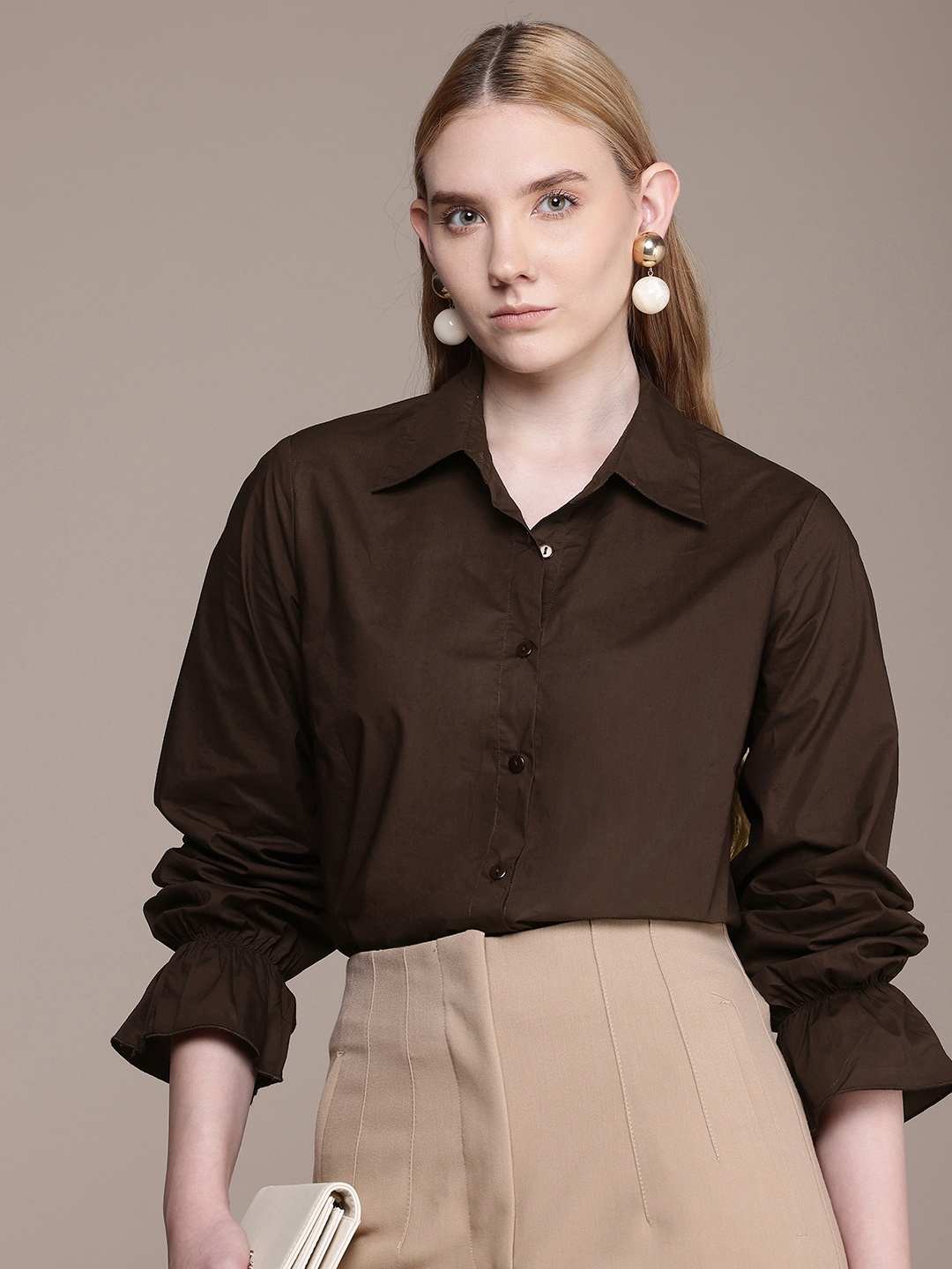 

French Connection Pure Cotton Bell Sleeves Casual Shirt, Brown