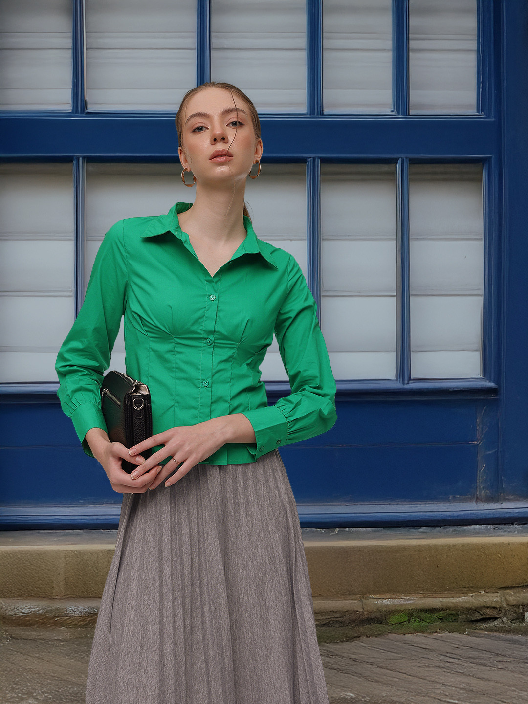 

French Connection Pleated Pure Cotton Casual Shirt, Green