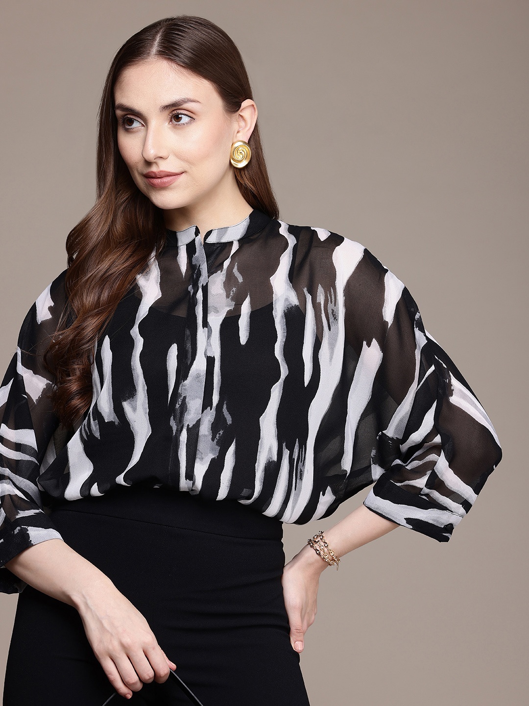 

French Connection Semi Sheer Printed Casual Shirt, Black