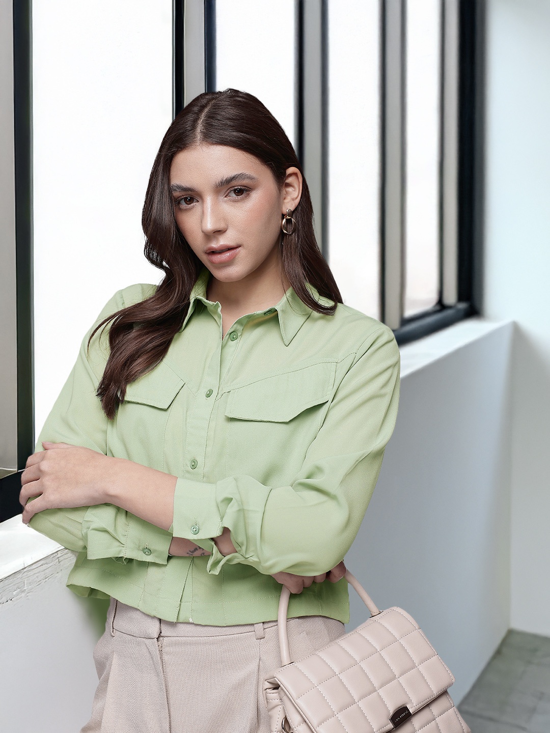 

French Connection Opaque Long Sleeves Crop Casual Shirt, Green
