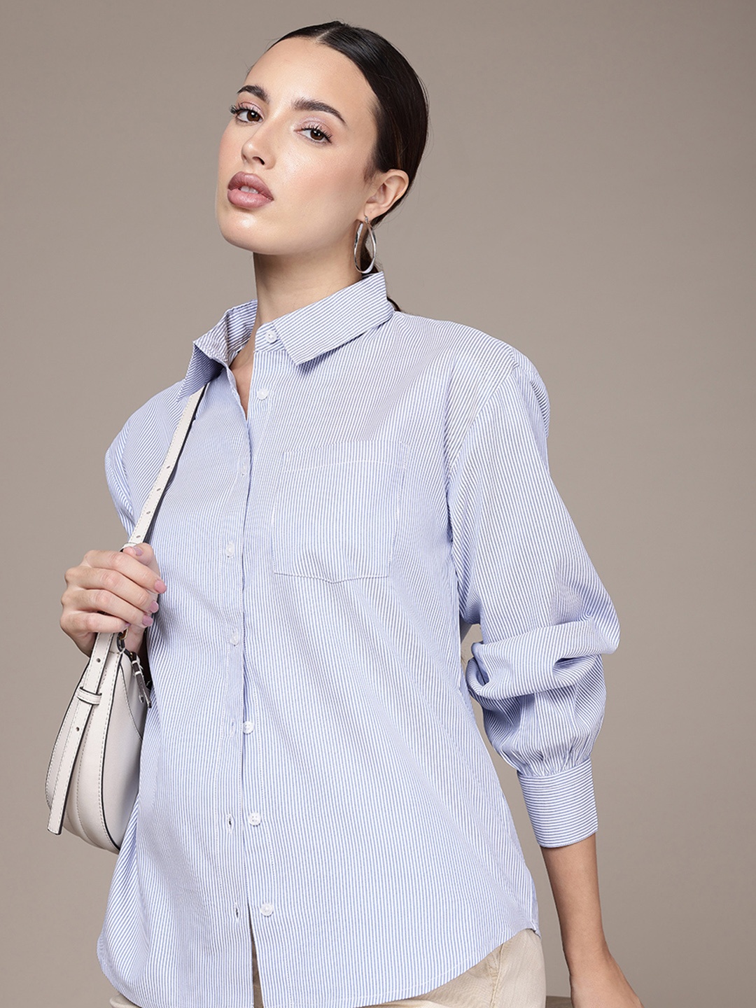

French Connection Relaxed Fit Vertical Stripes Drop-Shoulder Sleeves Casual Shirt, White