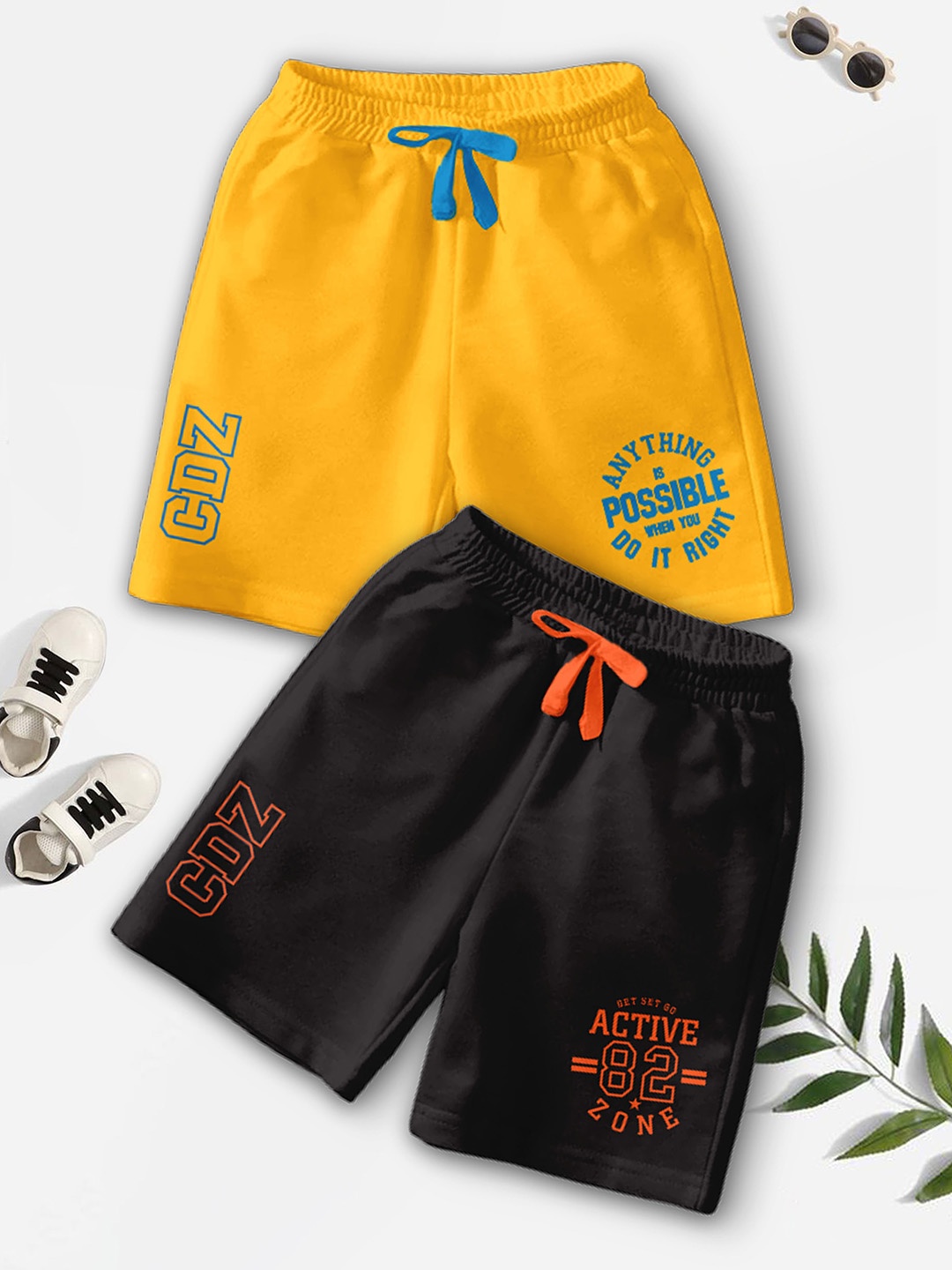 

CODEZ Boys Pack Of 2 Typography Printed Mid-Rise Outdoor Casual Regular Shorts, Yellow