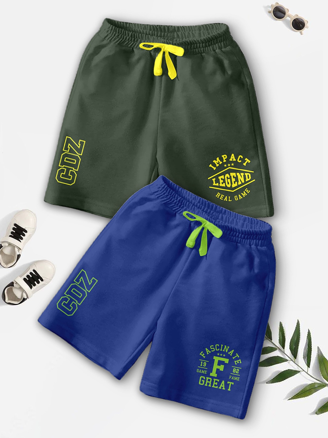 

CODEZ Boys Pack Of 2 Typography Printed Mid-Rise Breathable Outdoor Casual Shorts, Green