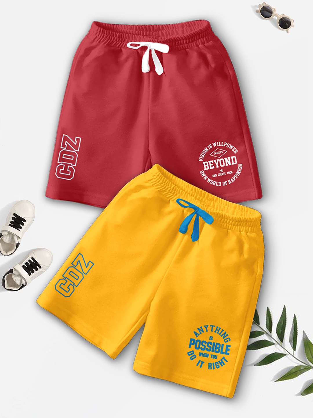 CODEZ Boys Pack Of 2 Printed Typography Shorts, Red