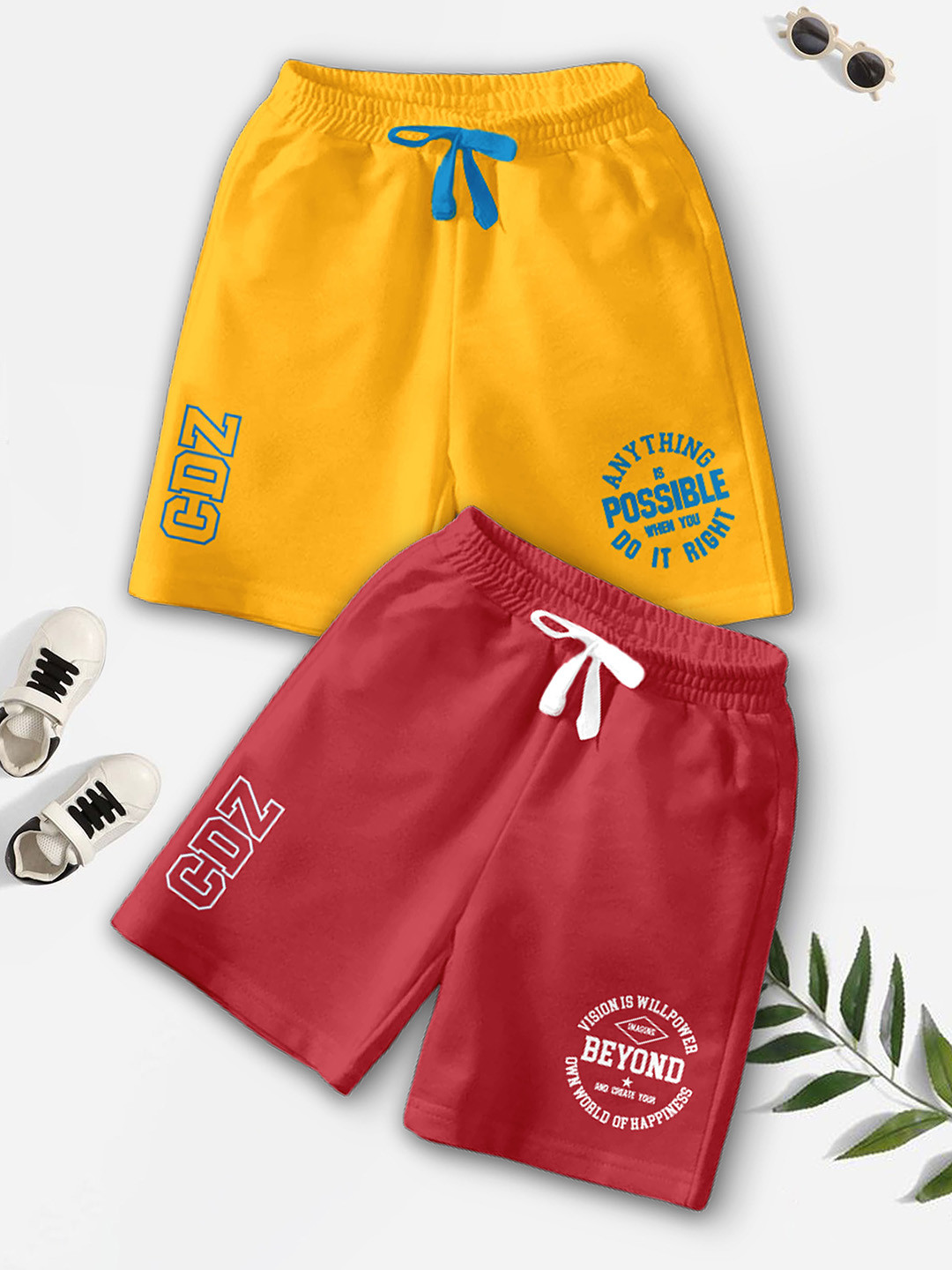 

CODEZ Boys Pack Of 2 Typography Printed Mid-Rise Breathable Outdoor Casual Shorts, Yellow