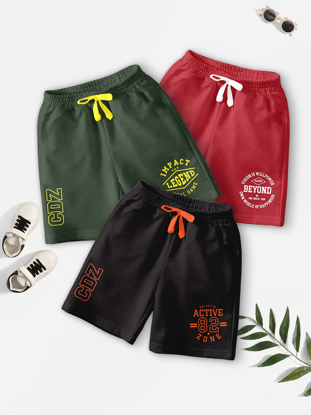 

CODEZ Boys Pack Of 3 Typography Printed Mid-Rise Breathable Outdoor Casual Shorts, Red