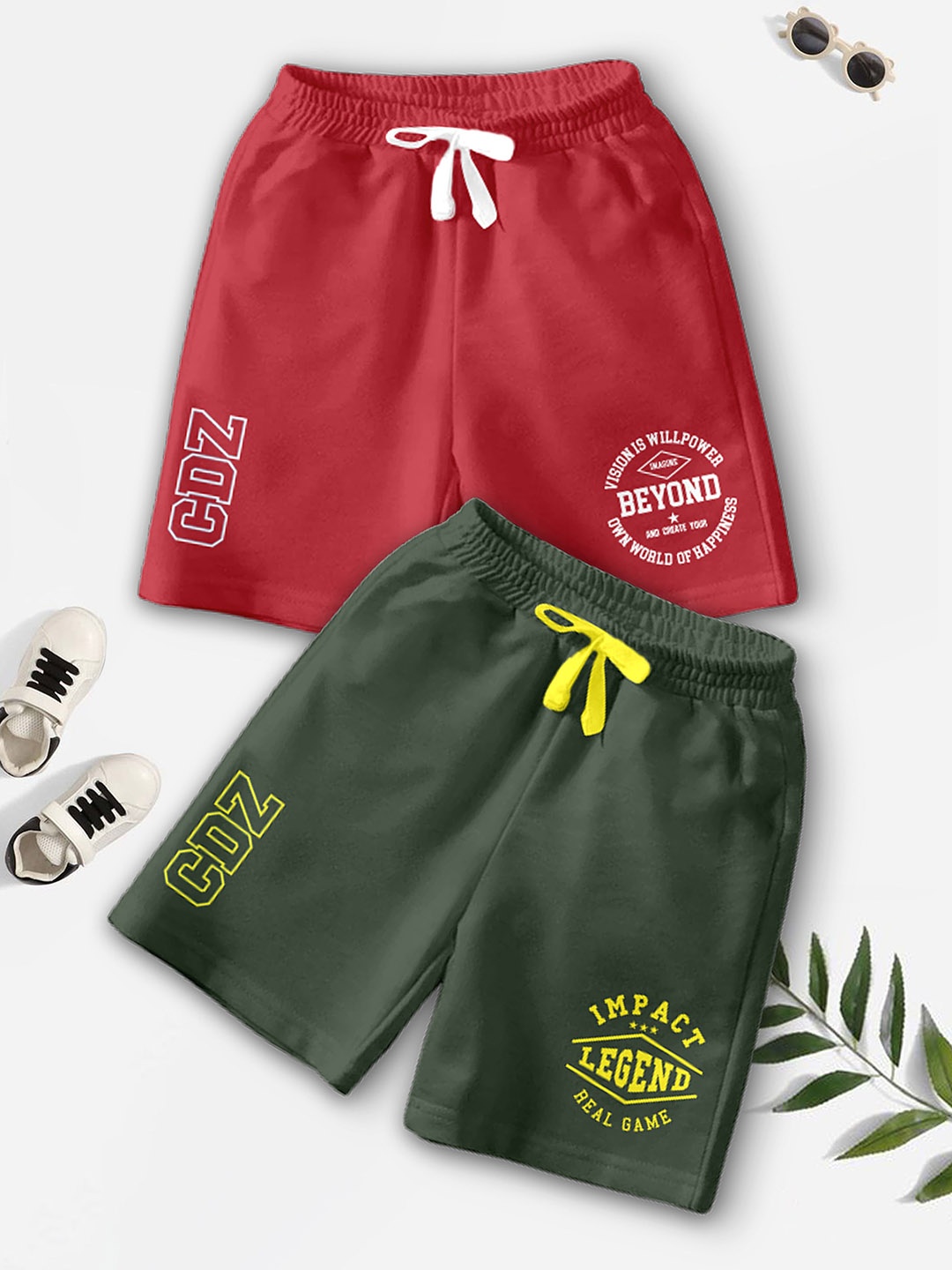 CODEZ Boys Pack Of 2 Typography Printed Shorts, Green