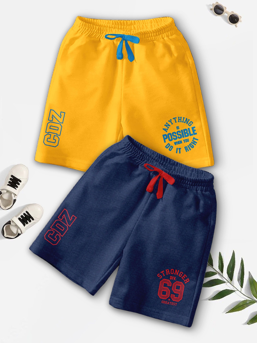 

CODEZ Boys Pack Of 2 Typography Printed Mid-Rise Breathable Outdoor Casual Shorts, Yellow