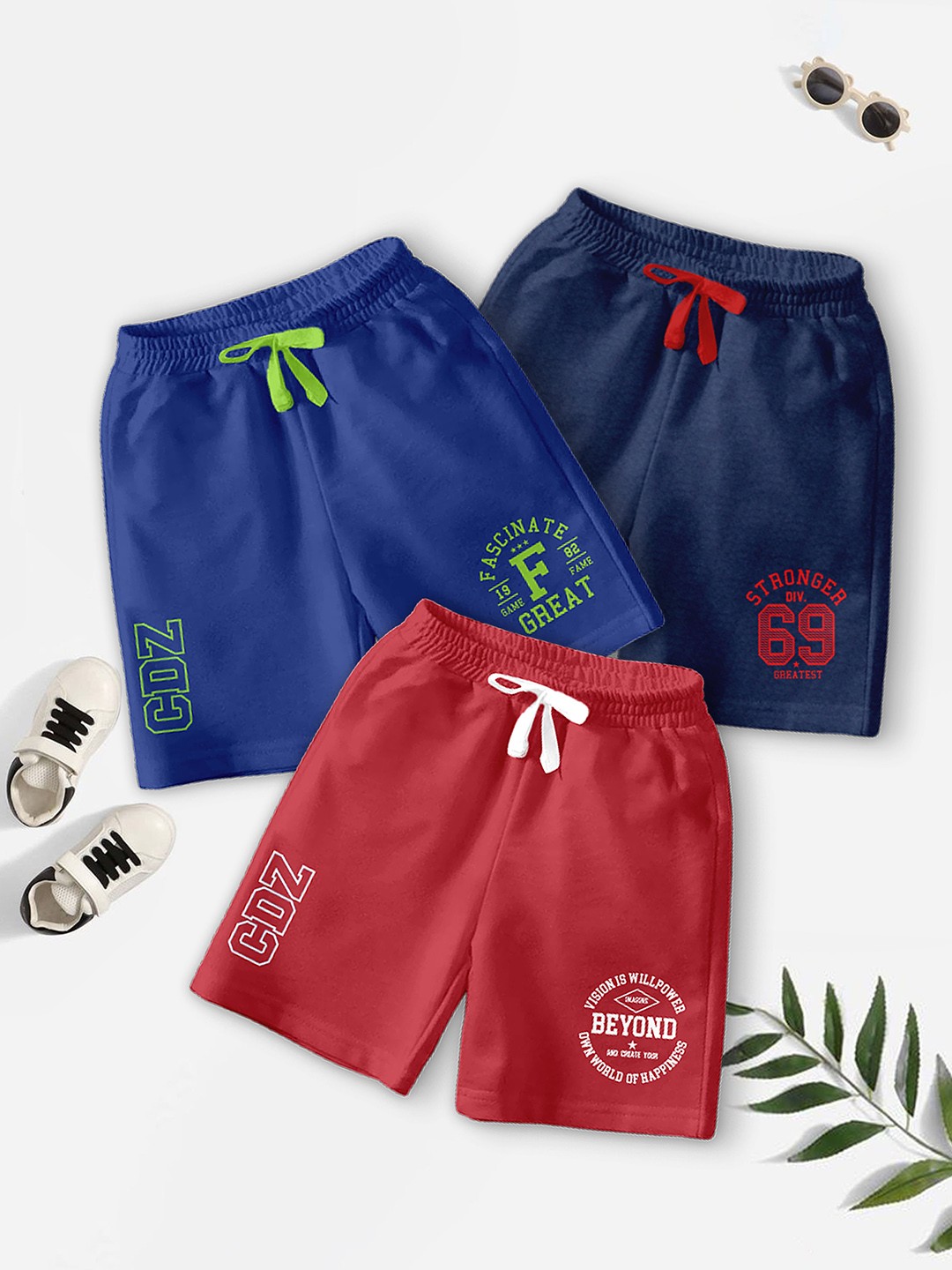 

CODEZ Boys Pack Of 3 Typography Printed Mid-Rise Outdoor Casual Regular Shorts, Navy blue