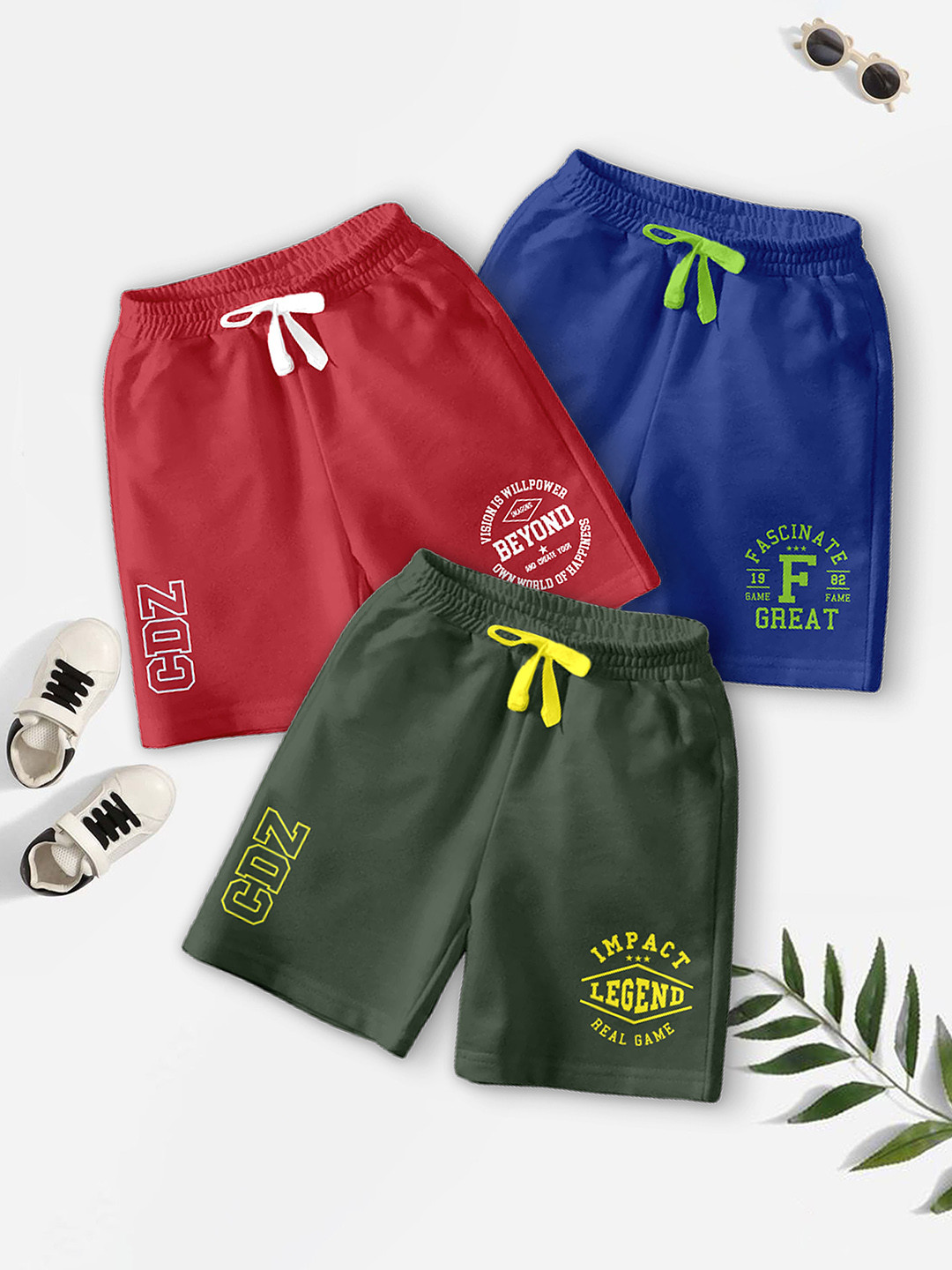 

CODEZ Boys Pack Of 3 Typography Printed Mid-Rise Breathable Outdoor Casual Shorts, Blue