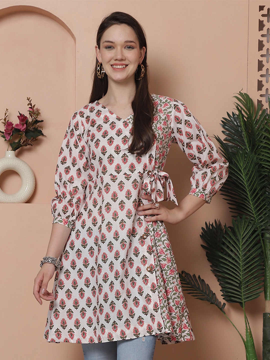 

Rajnandini Floral Print V-Neck Angrakha Cotton A-Line Dress, White
