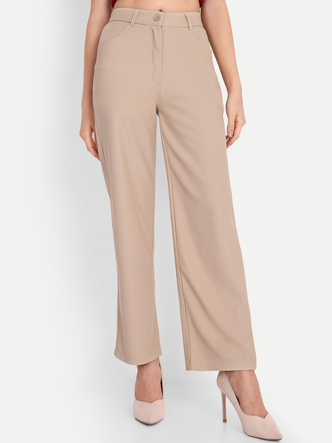 

FNOCKS Women Comfort Straight Fit High-Rise Easy Wash Cotton Parallel Trousers, Beige