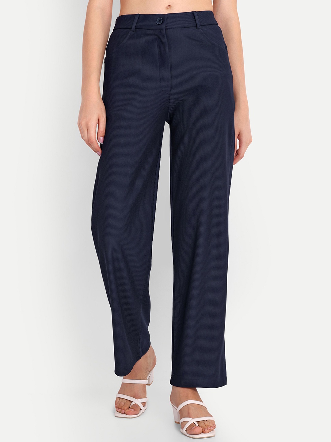 

FNOCKS Women Comfort Straight Fit High-Rise Easy Wash Cotton Parallel Trousers, Navy blue