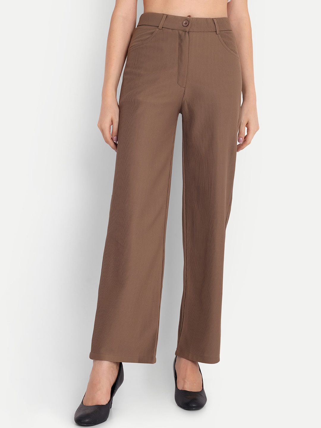 

FNOCKS Women Comfort Straight Fit High-Rise Easy Wash Trousers, Black