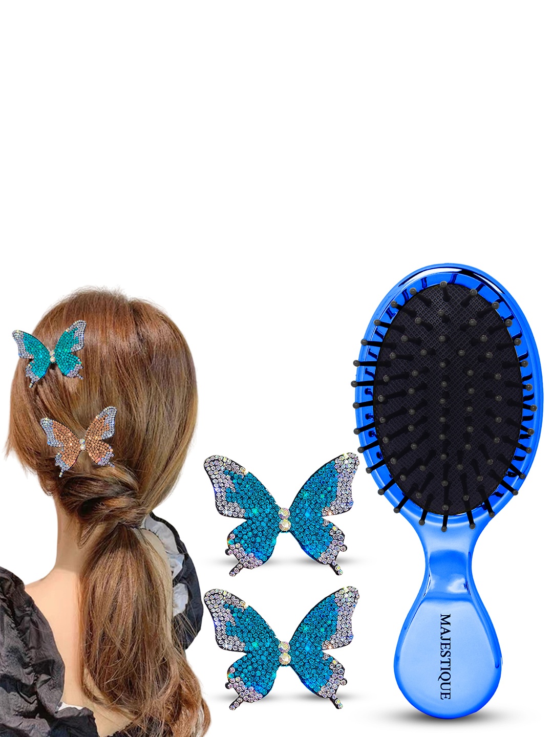 

MAJESTIQUE Set Of 3 Mini Hair Brush & Butterfly Clips, Blue