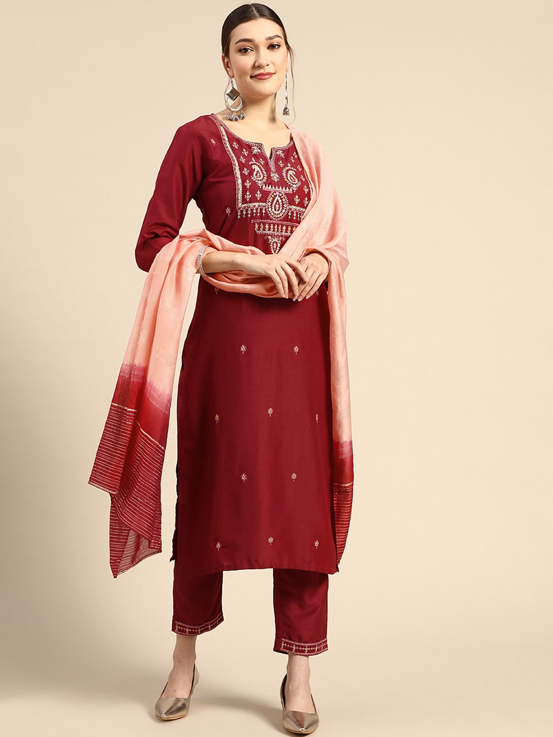

ODETTE Floral Embroidered Regular Kurta with Trousers & Dupatta, Red