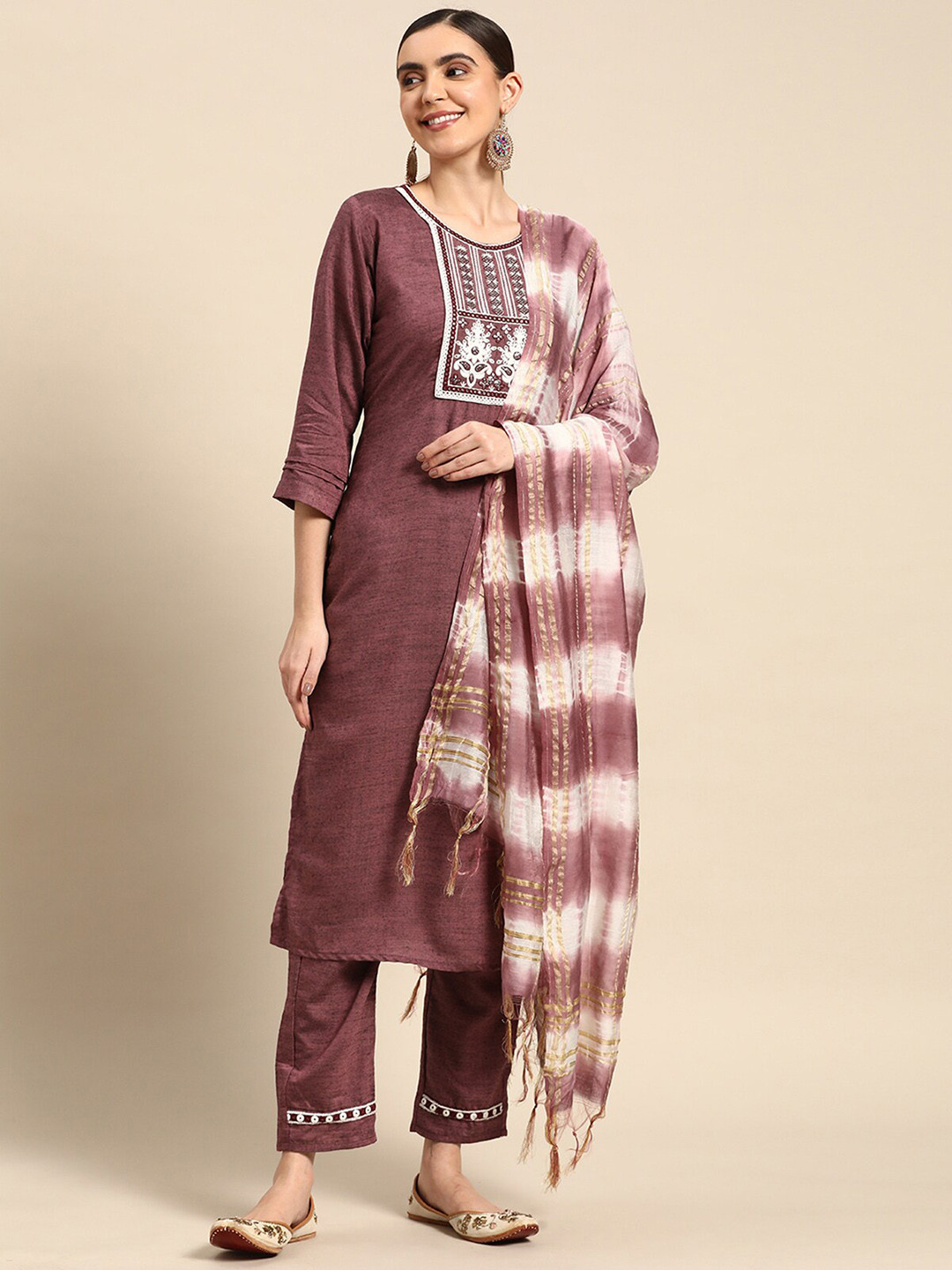 

ODETTE Floral Embroidered Regular Mirror Work Kurta with Trousers & Dupatta, Brown