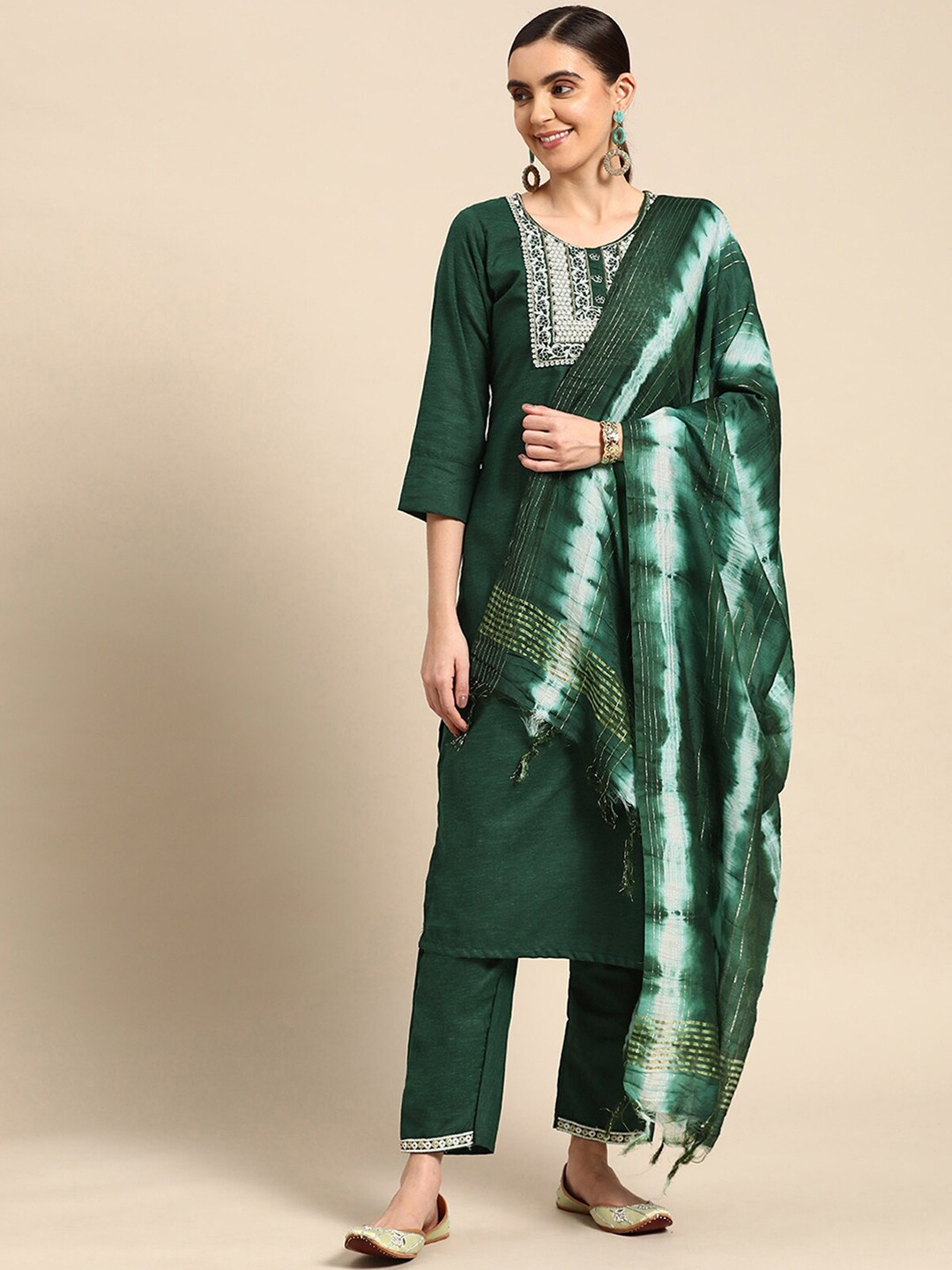 

ODETTE Ethnic Motifs Yoke Design Regular Thread Work Kurta with Trousers & Dupatta, Green
