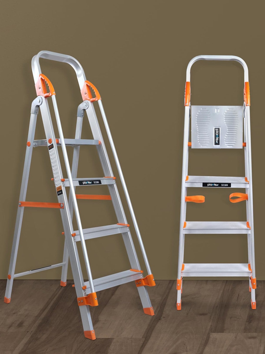 

Plantex Orange Coloured Aluminium Foldable 4 Step Ladder With Safe Hand Rail