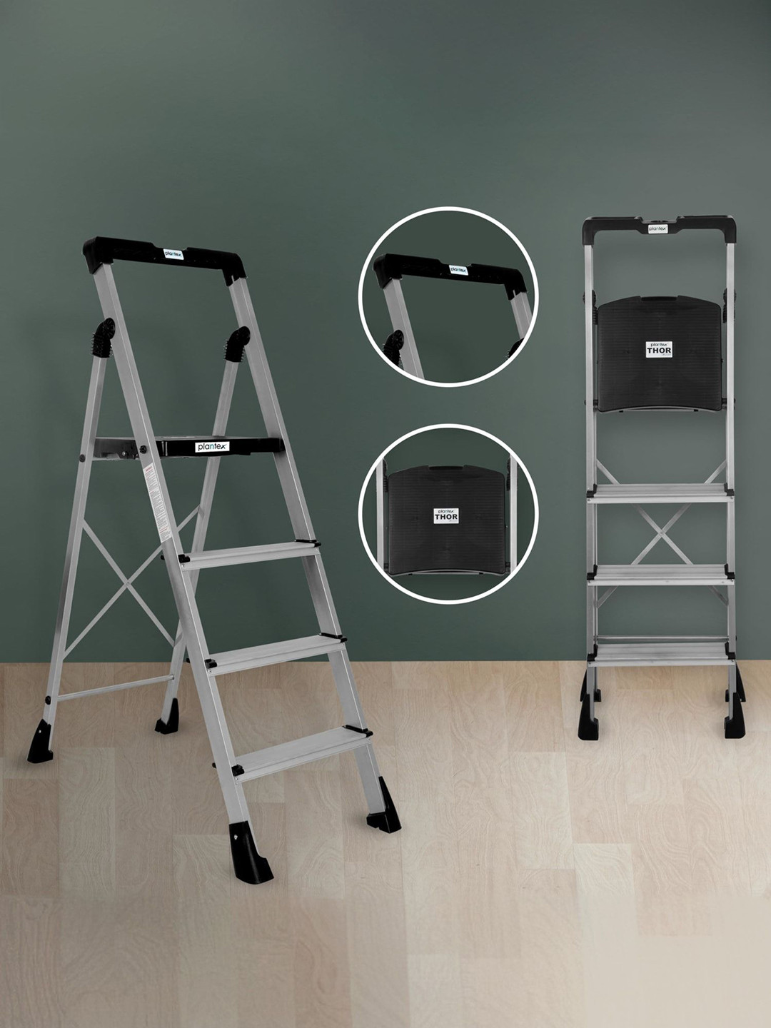 

Plantex Grey Foldable 4-Step Steel Ladder With Advanced Locking System, Silver