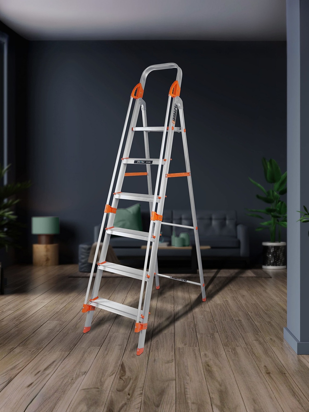 

Plantex Secura Orange Coloured Aluminium Foldable 6 Step Ladder With Safe Hand Rail|