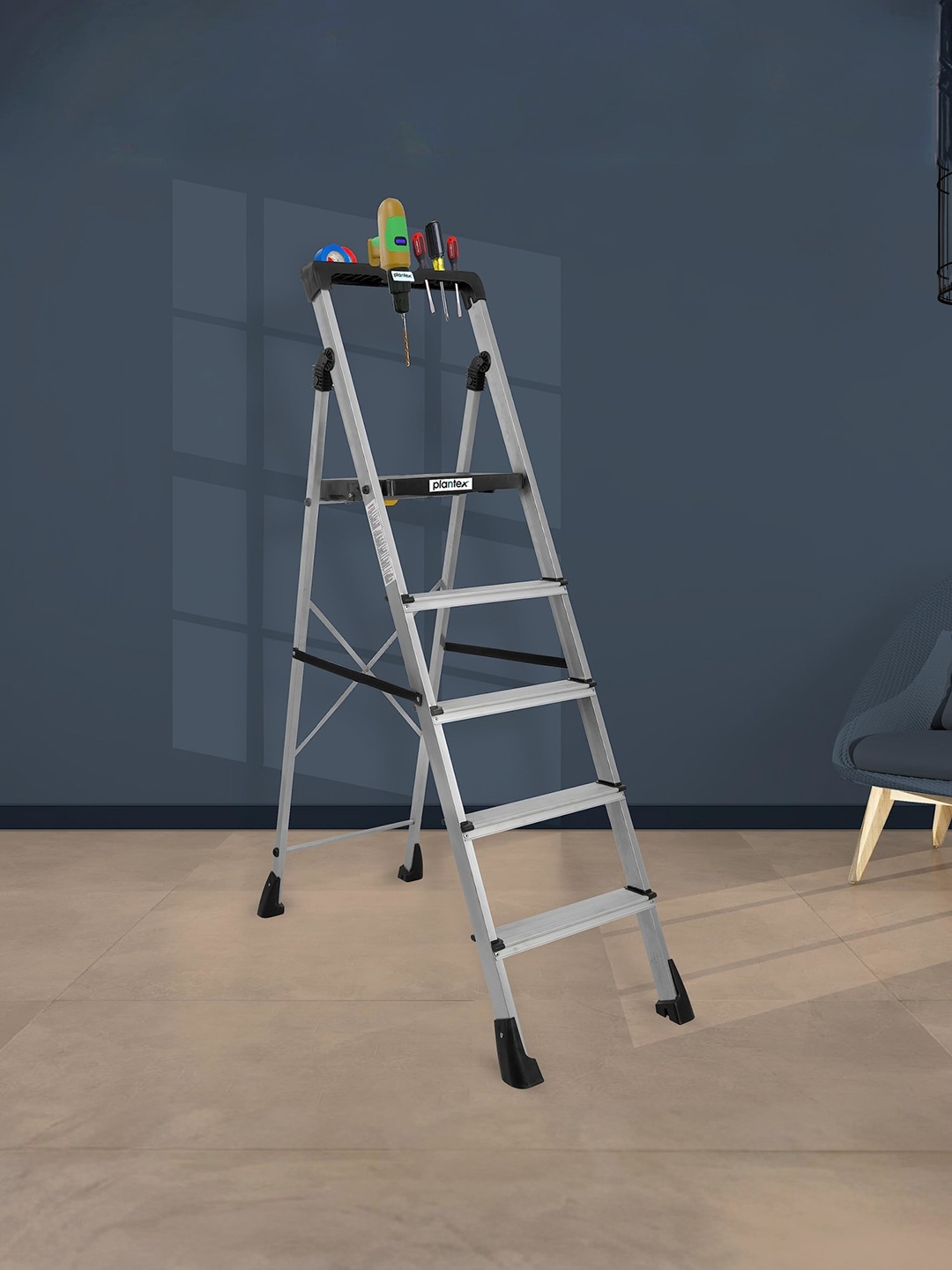 

Plantex White Foldable Anti-Skid 5 Step Ladder, Silver
