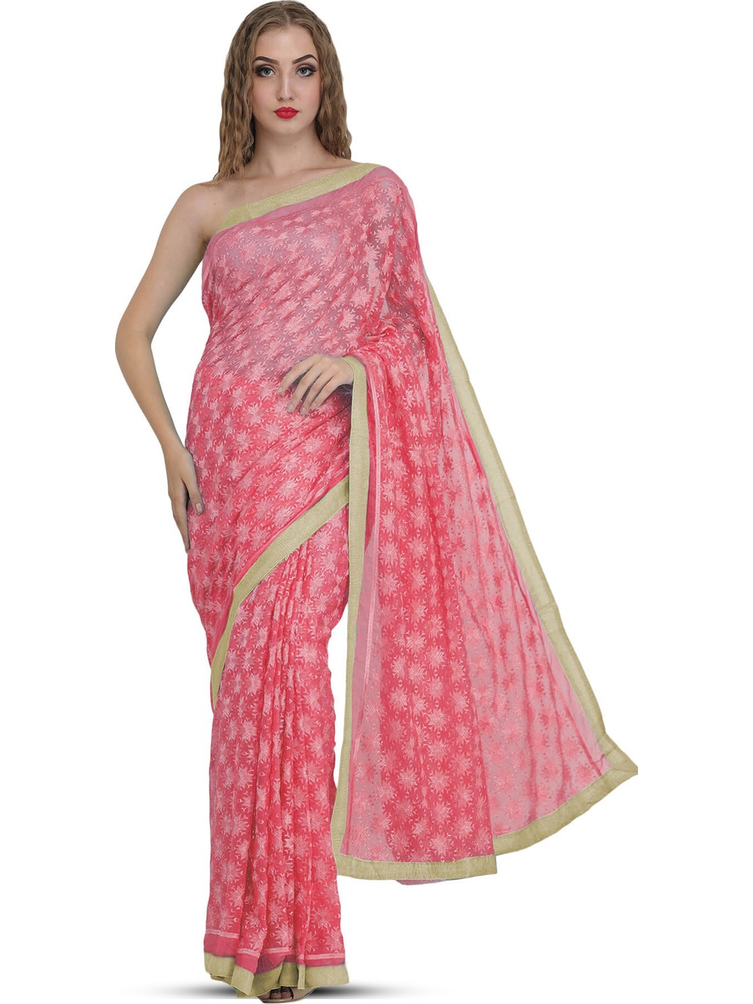 

Exotic India Ethnic Motifs Embroidered Pure Chiffon Saree, Coral