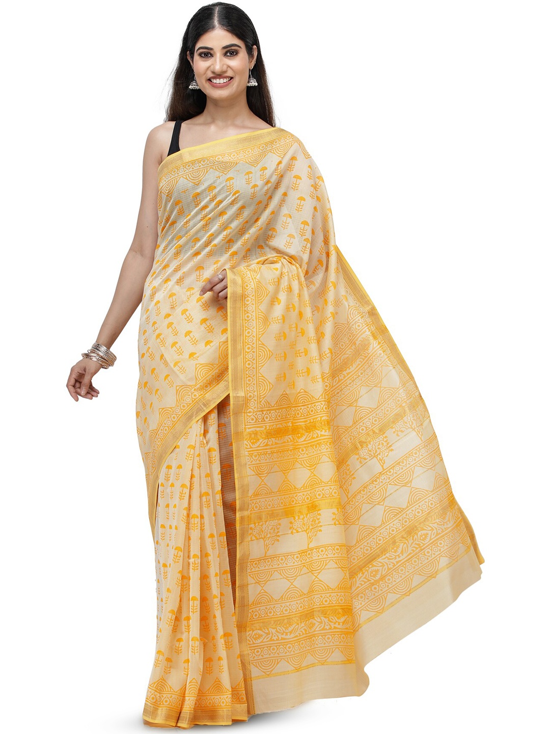 

Exotic India Sunset Gold Maheshwari Saree and Block Printed Motif & Woven Stripes, Yellow