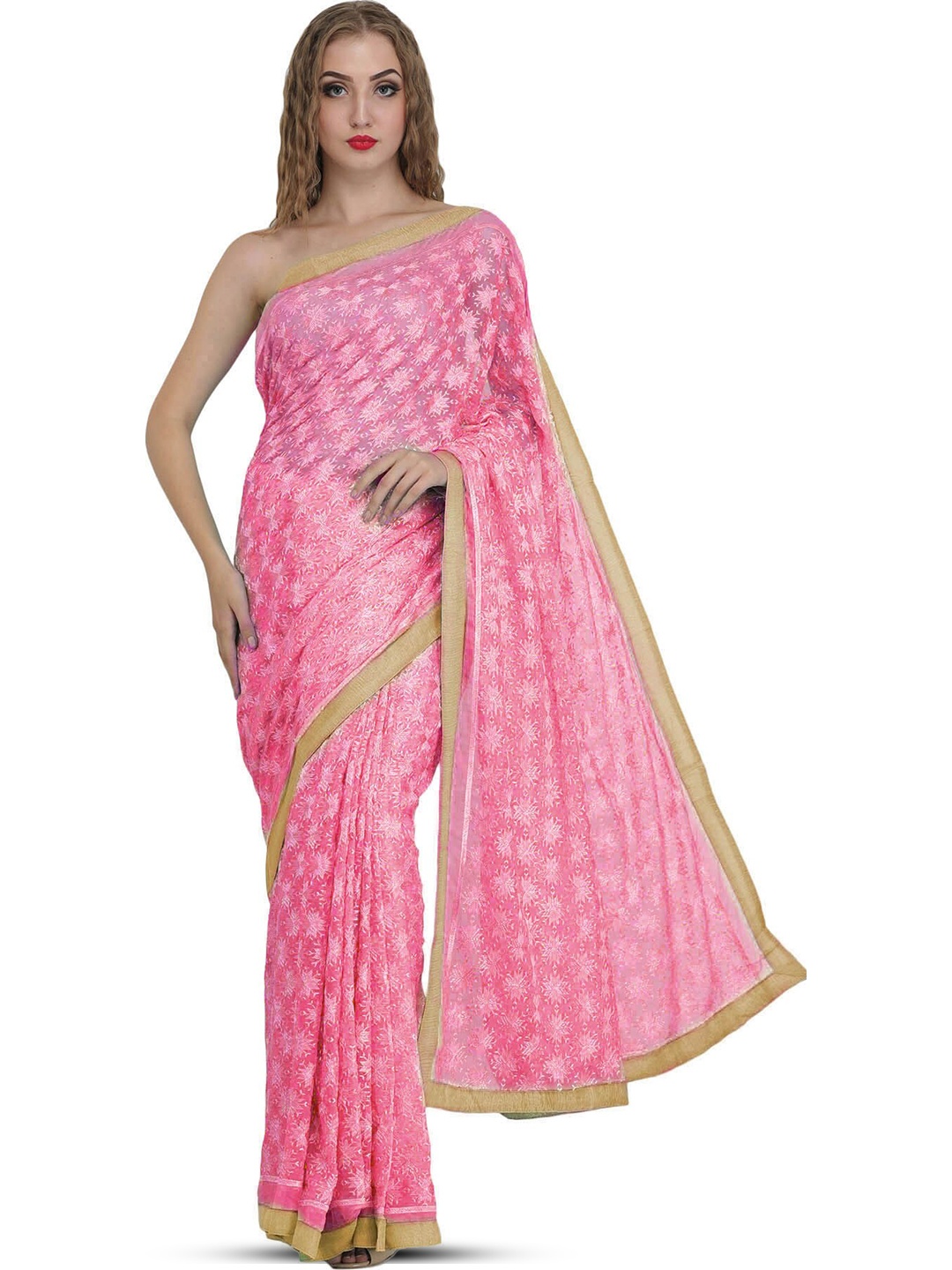 

Exotic India Ethnic Motifs Embroidered Pure Chiffon Saree, Pink