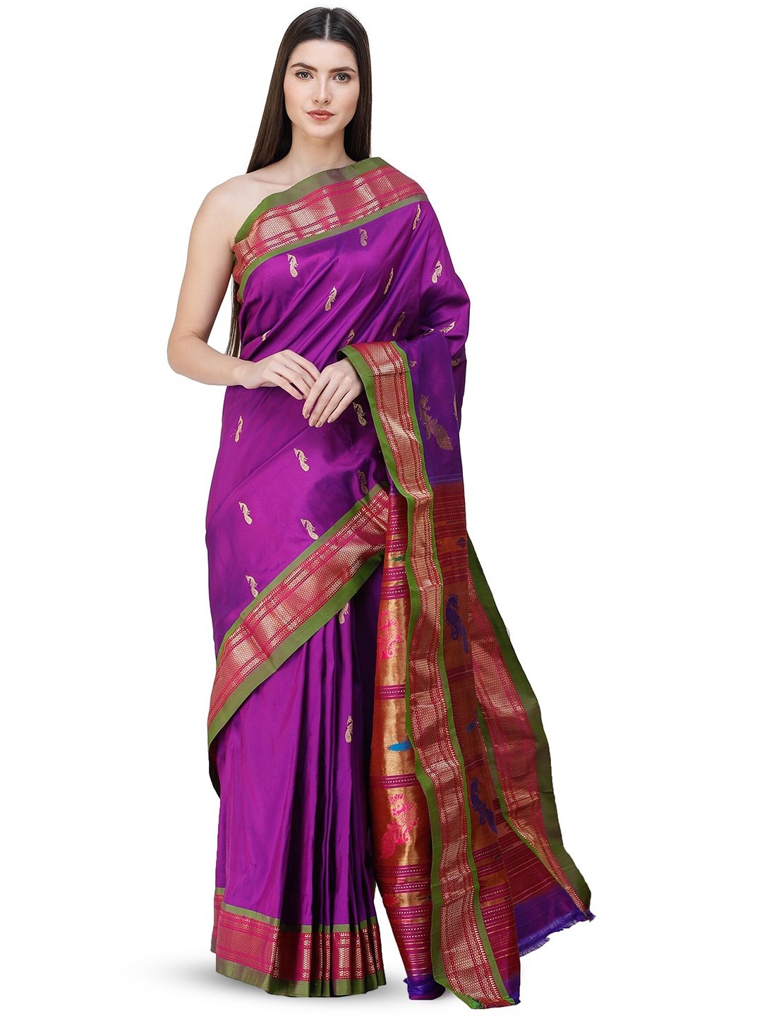 

Exotic India Woven Design Zari Pure Silk Handloom Paithani Saree, Purple