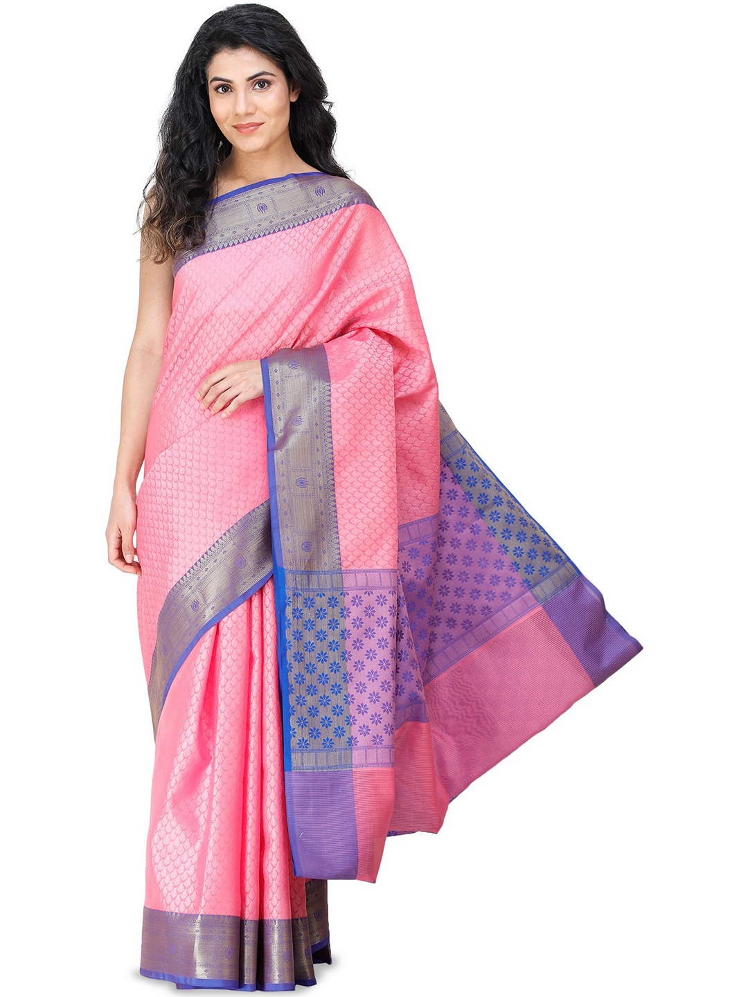 

Exotic India Sangria Sunset Brocaded Art Silk Saree with Zari Woven Flowers on Border, Pink