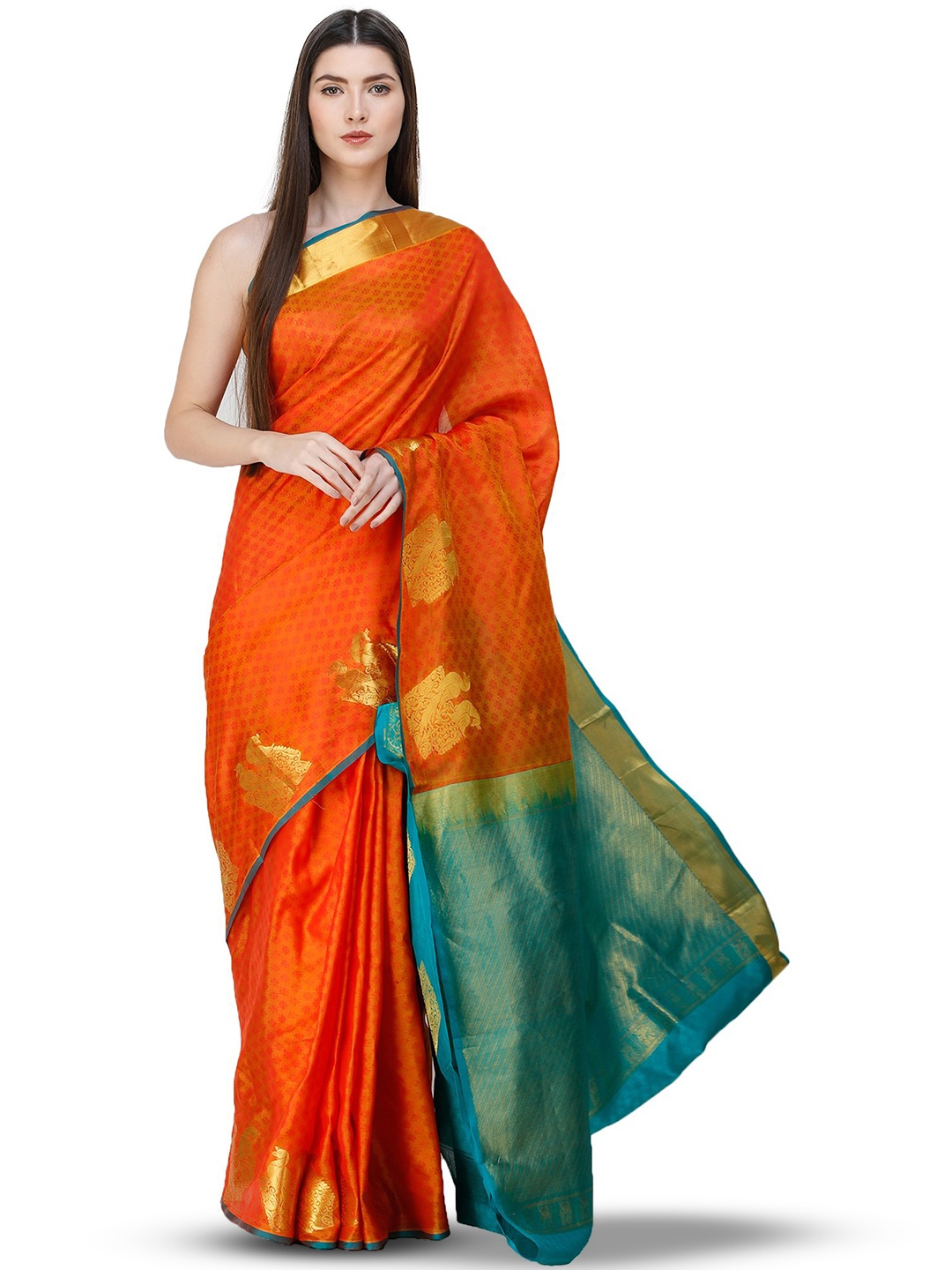 

Exotic India Woven Design Zari Pure Silk Saree, Orange