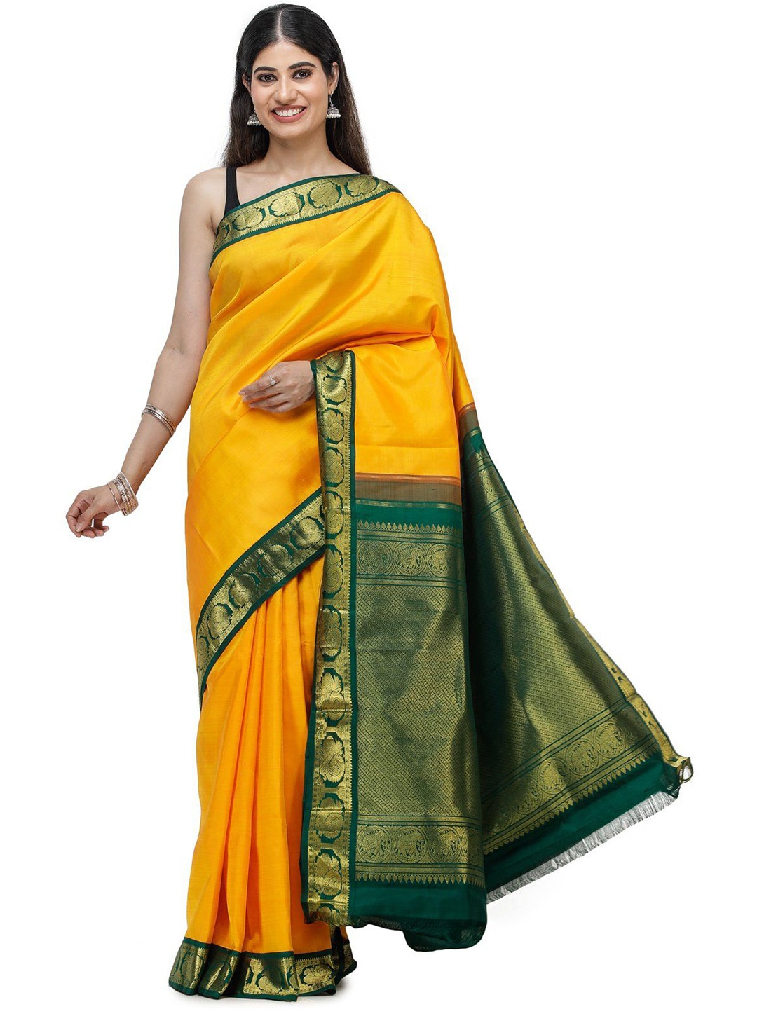 

Exotic India Zari Pure Silk Kanjeevaram Saree, Yellow
