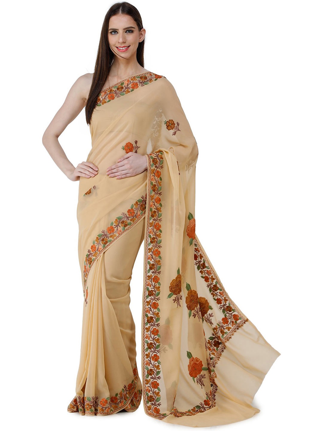 

Exotic India Ethnic Motifs Aari Work Pure Georgette Saree, Beige