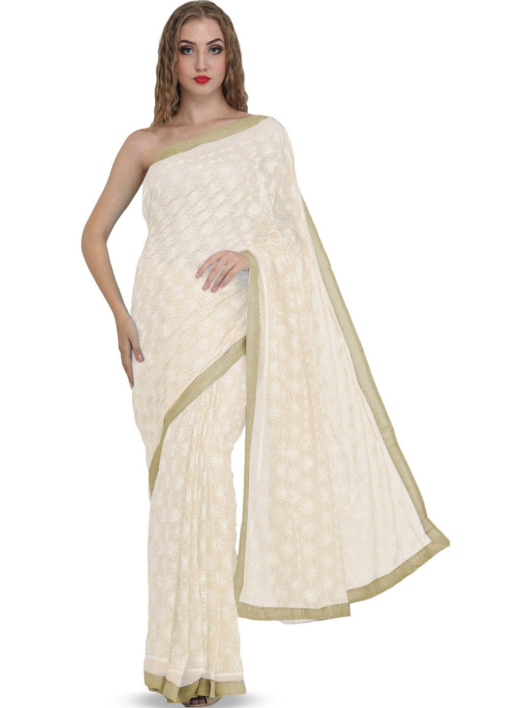 

Exotic India Ethnic Motifs Phulkari Pure Chiffon Saree, Beige