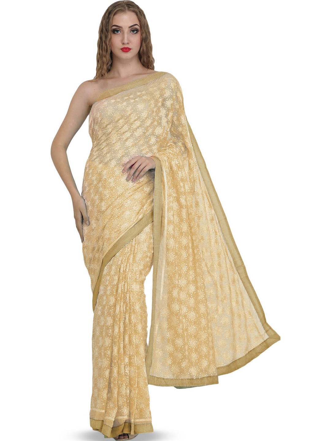 

Exotic India Ethnic Motifs Phulkari Pure Chiffon Saree, Beige