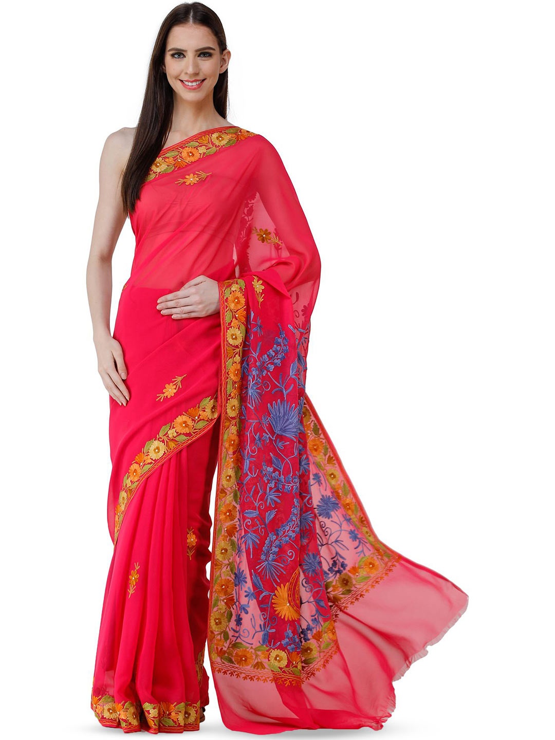 Exotic India Floral Embroidered Pure Georgette Saree, Pink