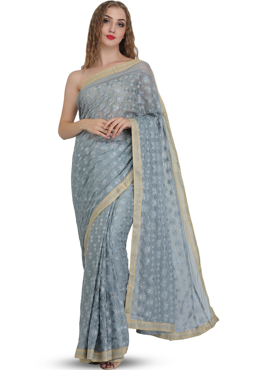 

Exotic India Ethnic Motifs Phulkari Pure Chiffon Handloom Saree, Grey