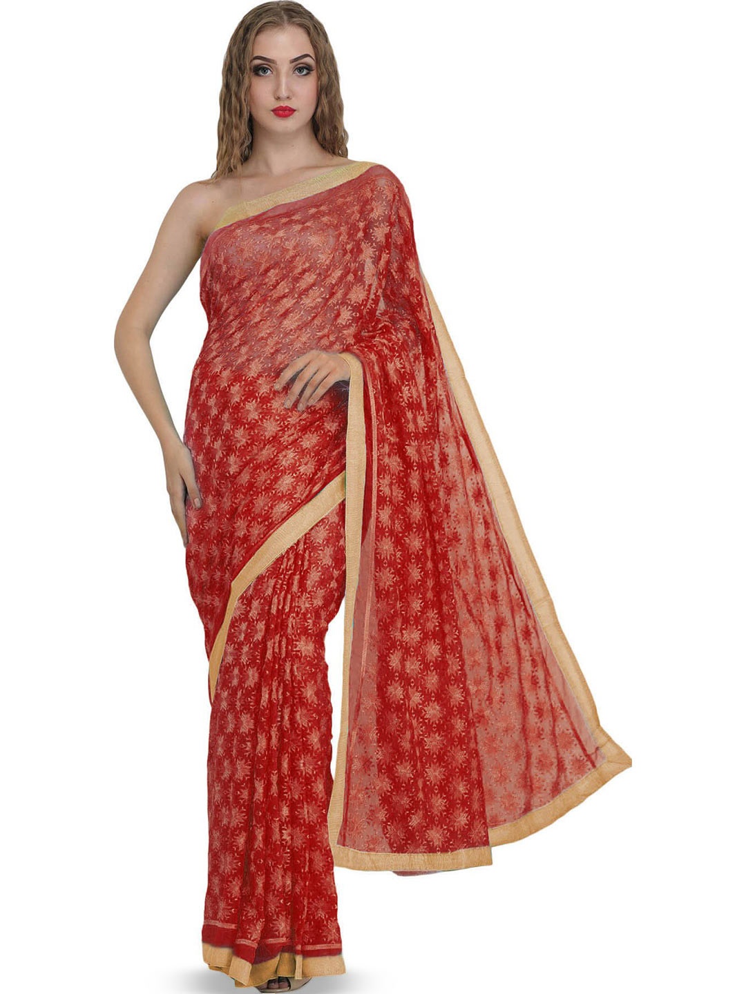 

Exotic India Ethnic Motifs Phulkari Pure Chiffon Saree, Red