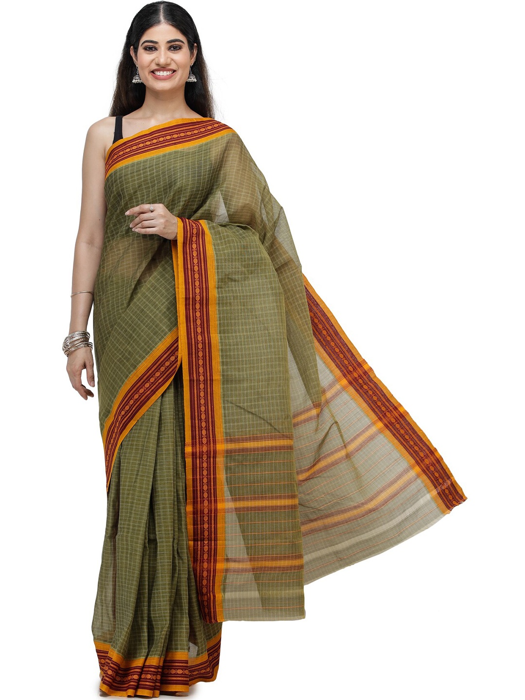 

Exotic India Olive Green Pure Cotton Venkatagiri Saree with Woven Border and Pin-stripes