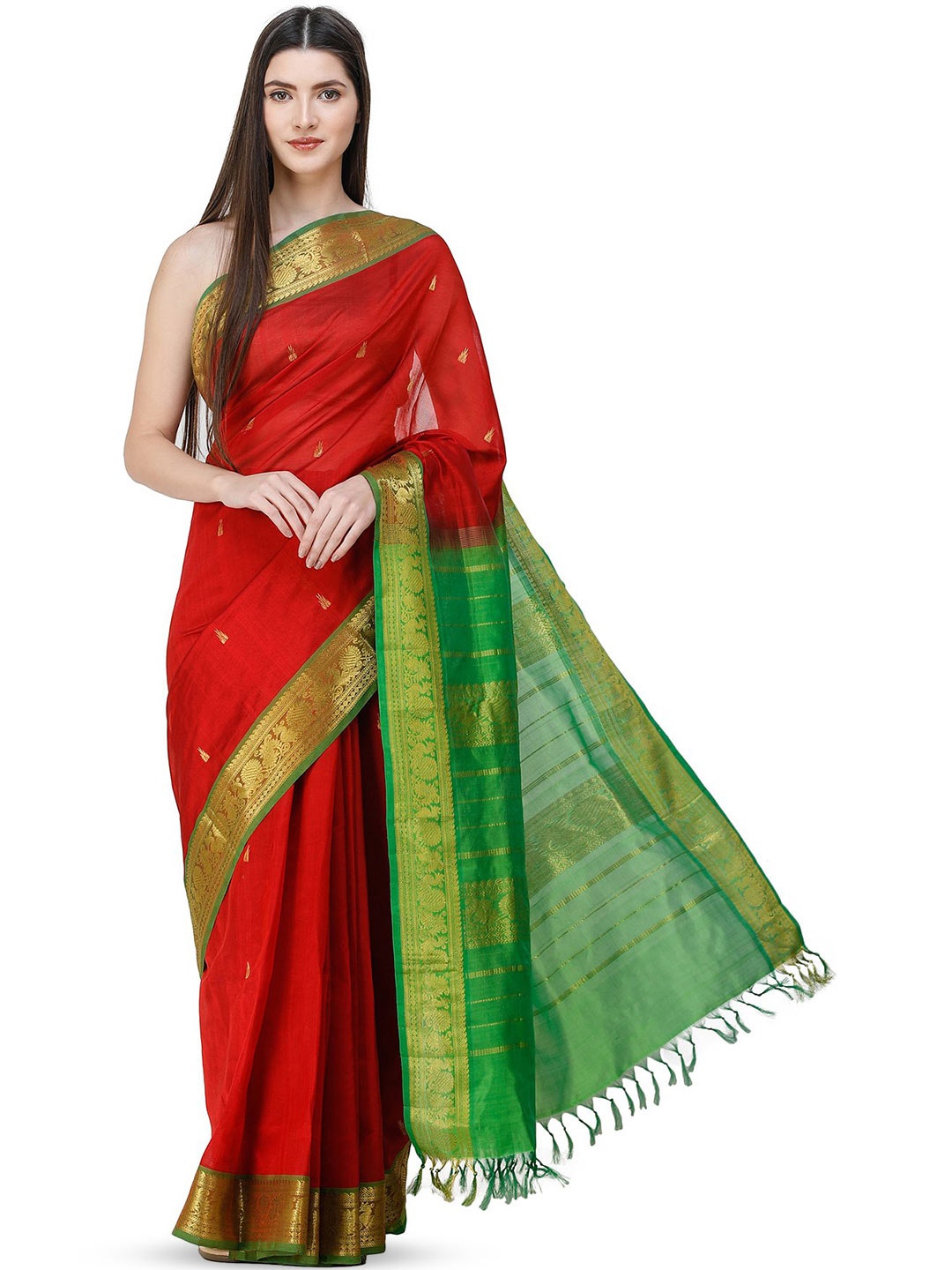 

Exotic India Ethnic Motifs Zari Pure Silk Saree, Red