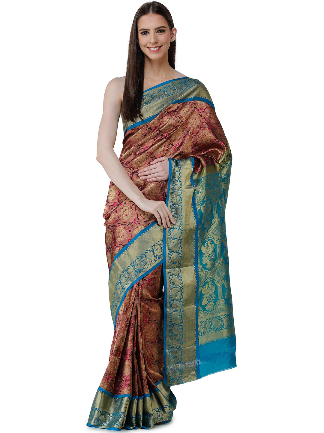 

Exotic India Ethnic Motifs Zari Art Silk Saree, Brown