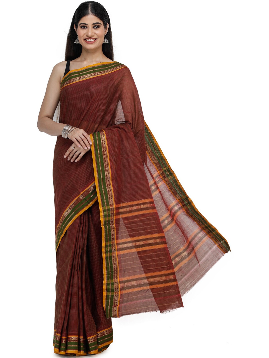 

Exotic India Checked Zari Pure Cotton Venkatgiri Saree, Brown