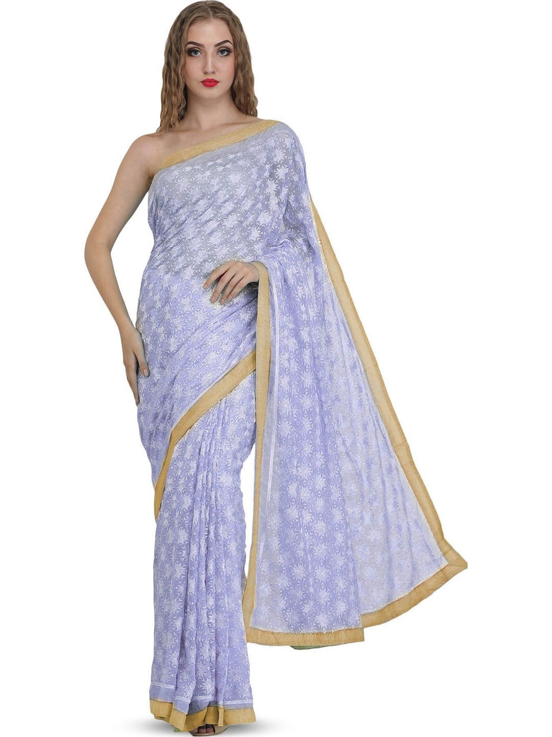 

Exotic India Ethnic Motifs Phulkari Pure Chiffon Saree, Lavender
