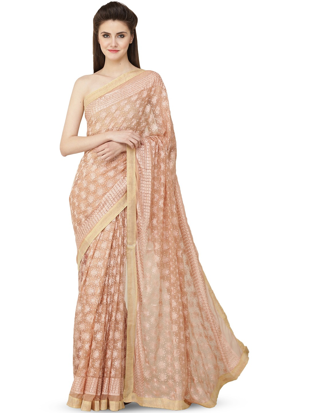 

Exotic India Phulkari Embroidered Pure Chiffon Saree, Coral