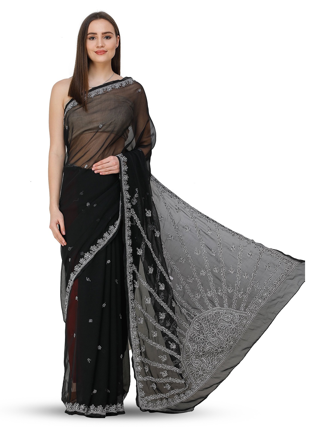 

Exotic India Chikan Hand Embroidered Georgette Jet Black Saree