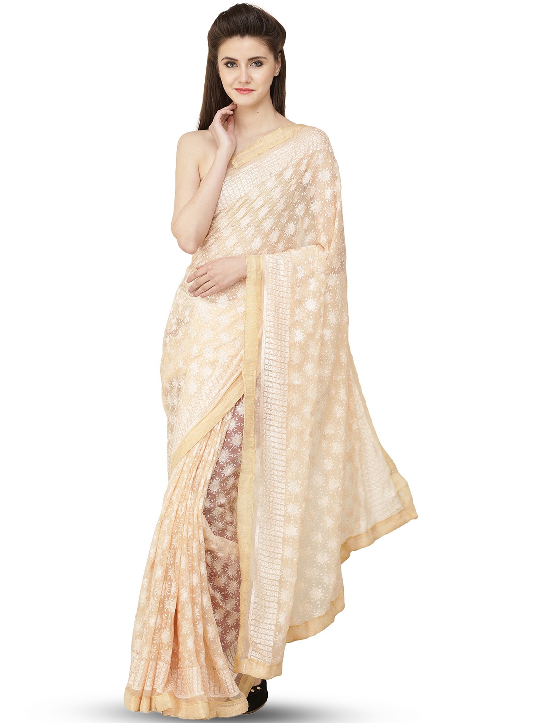

Exotic India Almond Cream Saree with Phulkari Embroidery in Self and Golden Border