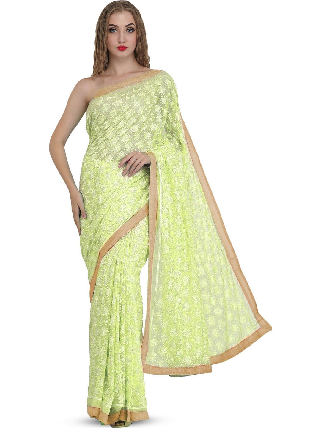 

Exotic India Ethnic Motifs Phulkari Pure Chiffon Handloom Saree, Green