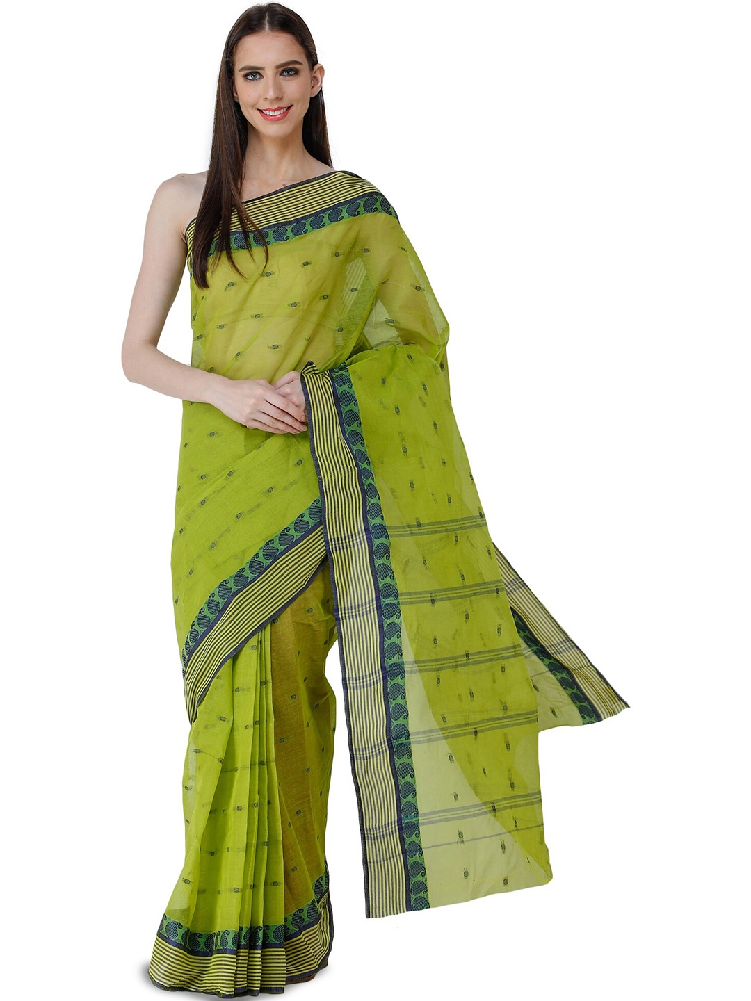 

Exotic India Apple Green Pure Cotton Tant Saree with Woven Border and Stripes on Pallu