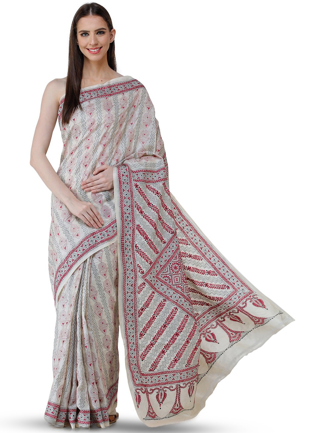 

Exotic India Ethnic Motifs Kantha Work Art Silk Saree, White